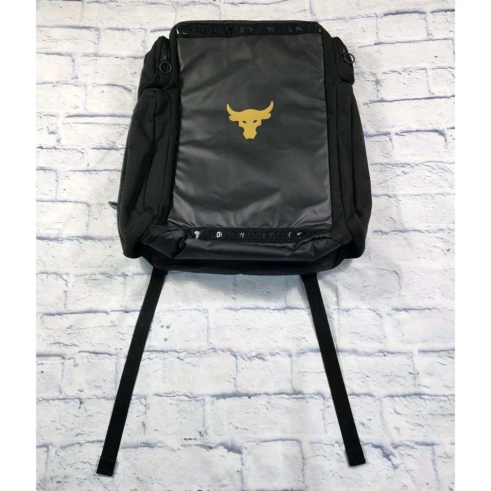 Under Armour UA Project Rock Duffle Backpack Bag Black Gold Gym 1376459-002 WWE